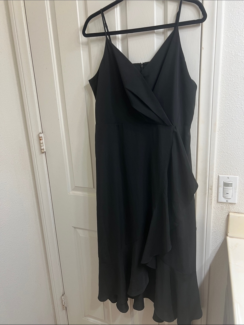 Chelsea28 Black Spaghetti Strap Wrap Midi Dress with Ruffle Detail